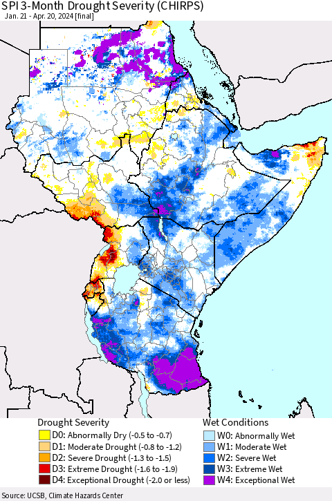 Eastern Africa SPI 3-Month Drought Severity (CHIRPS) Thematic Map For 1/21/2024 - 4/20/2024