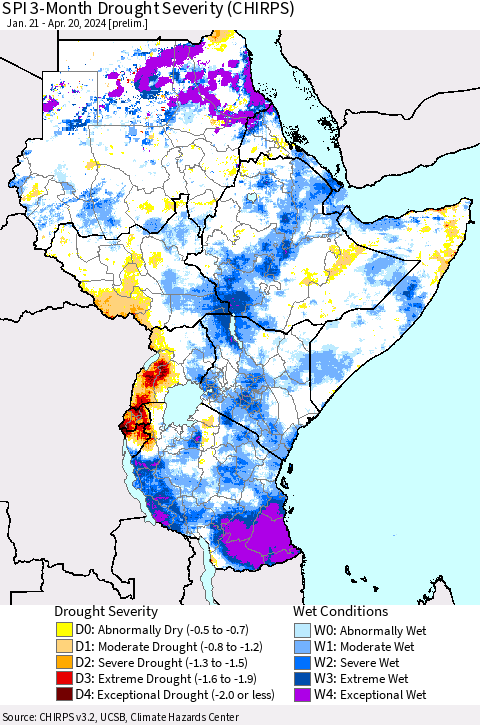 Eastern Africa SPI 3-Month Drought Severity (CHIRPS) Thematic Map For 1/21/2024 - 4/20/2024