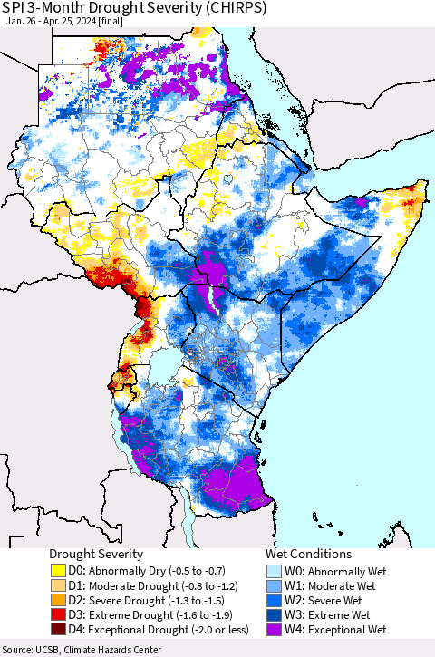 Eastern Africa SPI 3-Month Drought Severity (CHIRPS) Thematic Map For 1/26/2024 - 4/25/2024