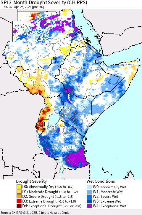 Eastern Africa SPI 3-Month Drought Severity (CHIRPS) Thematic Map For 1/26/2024 - 4/25/2024
