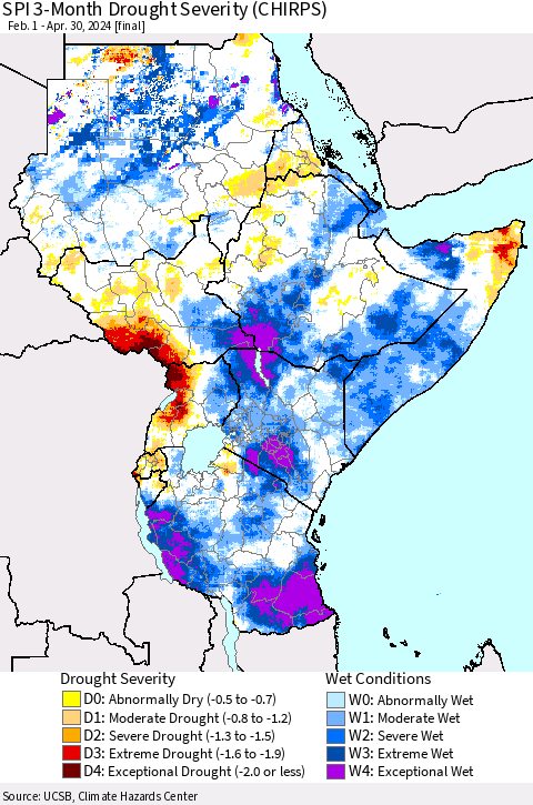 Eastern Africa SPI 3-Month Drought Severity (CHIRPS) Thematic Map For 2/1/2024 - 4/30/2024