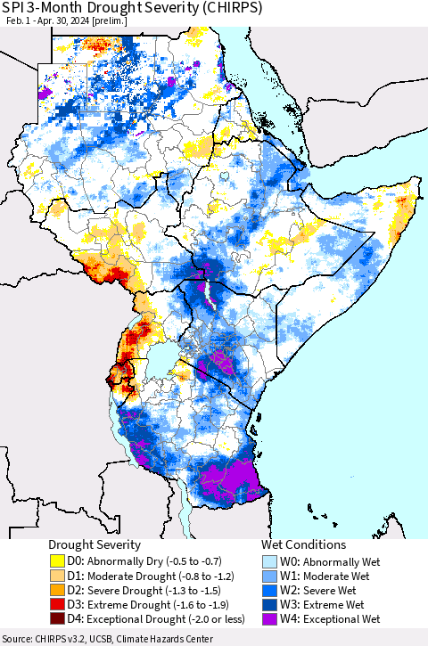 Eastern Africa SPI 3-Month Drought Severity (CHIRPS) Thematic Map For 2/1/2024 - 4/30/2024