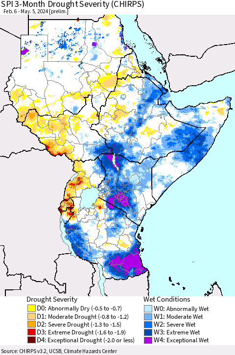 Eastern Africa SPI 3-Month Drought Severity (CHIRPS) Thematic Map For 2/6/2024 - 5/5/2024