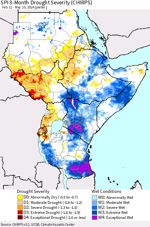 Eastern Africa SPI 3-Month Drought Severity (CHIRPS) Thematic Map For 2/11/2024 - 5/10/2024