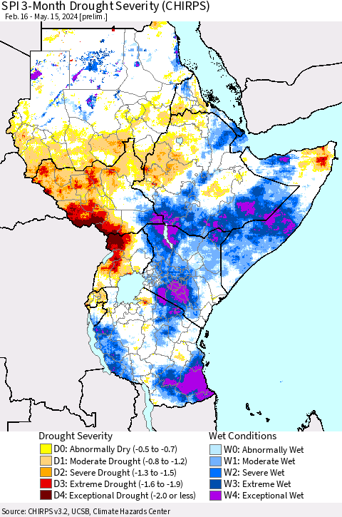 Eastern Africa SPI 3-Month Drought Severity (CHIRPS) Thematic Map For 2/16/2024 - 5/15/2024