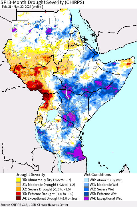 Eastern Africa SPI 3-Month Drought Severity (CHIRPS) Thematic Map For 2/21/2024 - 5/20/2024