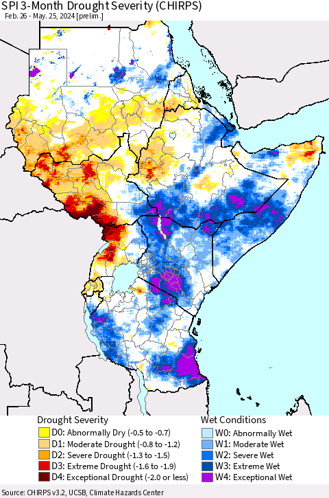 Eastern Africa SPI 3-Month Drought Severity (CHIRPS) Thematic Map For 2/26/2024 - 5/25/2024