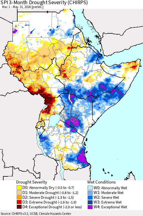 Eastern Africa SPI 3-Month Drought Severity (CHIRPS) Thematic Map For 3/1/2024 - 5/31/2024