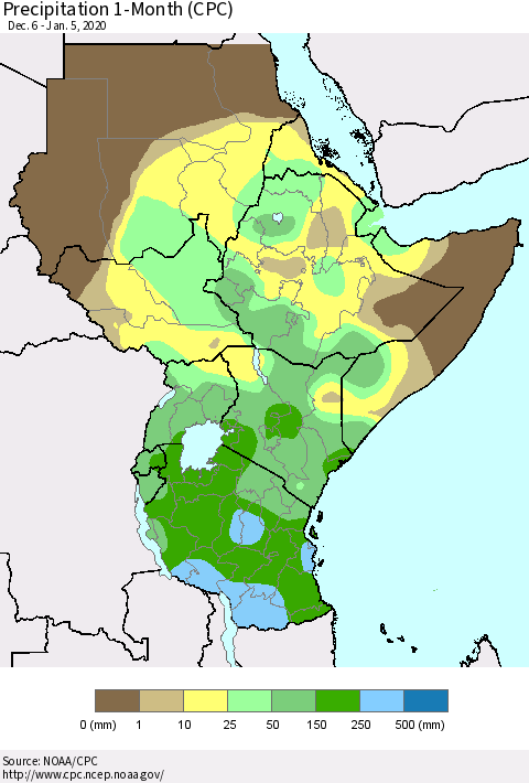 Eastern Africa Precipitation 1-Month (CPC) Thematic Map For 12/6/2019 - 1/5/2020