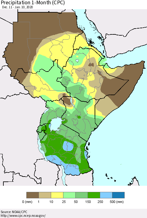 Eastern Africa Precipitation 1-Month (CPC) Thematic Map For 12/11/2019 - 1/10/2020