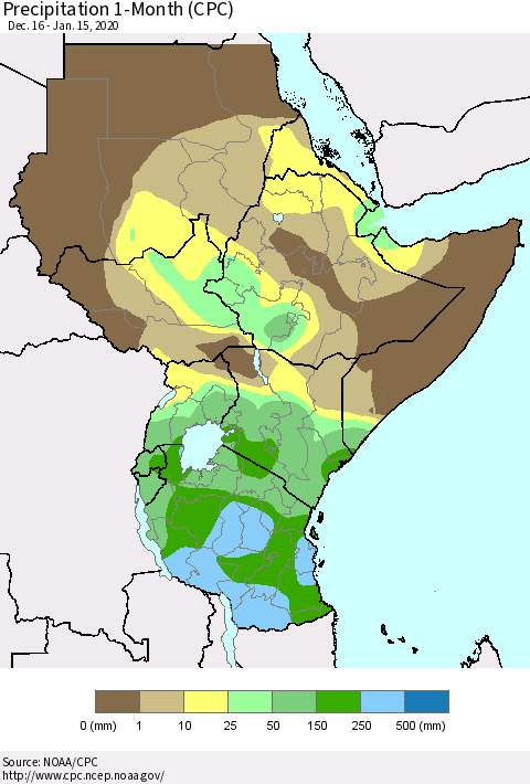 Eastern Africa Precipitation 1-Month (CPC) Thematic Map For 12/16/2019 - 1/15/2020