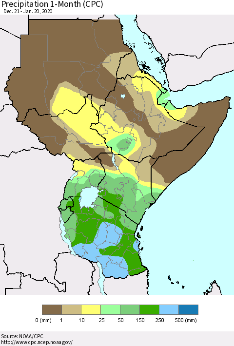 Eastern Africa Precipitation 1-Month (CPC) Thematic Map For 12/21/2019 - 1/20/2020