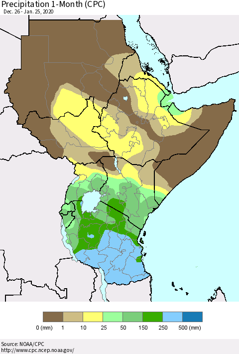 Eastern Africa Precipitation 1-Month (CPC) Thematic Map For 12/26/2019 - 1/25/2020