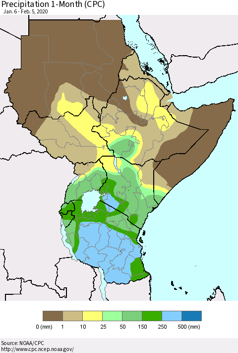 Eastern Africa Precipitation 1-Month (CPC) Thematic Map For 1/6/2020 - 2/5/2020