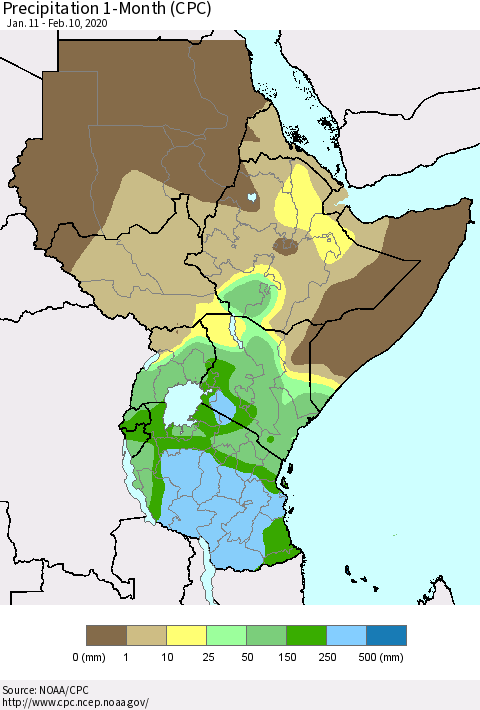 Eastern Africa Precipitation 1-Month (CPC) Thematic Map For 1/11/2020 - 2/10/2020