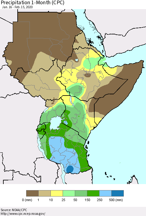 Eastern Africa Precipitation 1-Month (CPC) Thematic Map For 1/16/2020 - 2/15/2020