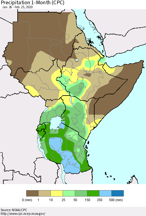 Eastern Africa Precipitation 1-Month (CPC) Thematic Map For 1/26/2020 - 2/25/2020