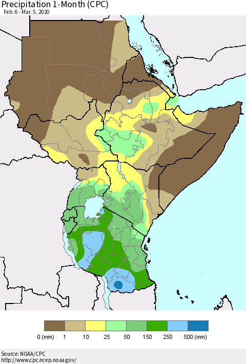 Eastern Africa Precipitation 1-Month (CPC) Thematic Map For 2/6/2020 - 3/5/2020
