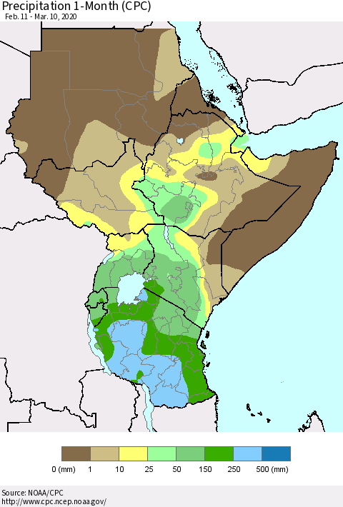 Eastern Africa Precipitation 1-Month (CPC) Thematic Map For 2/11/2020 - 3/10/2020