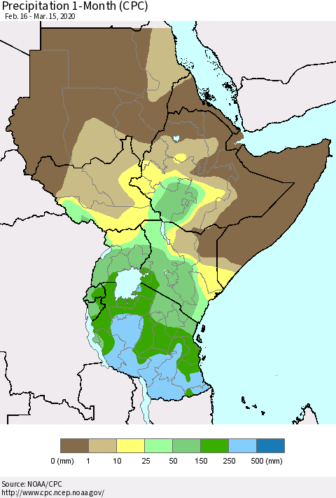 Eastern Africa Precipitation 1-Month (CPC) Thematic Map For 2/16/2020 - 3/15/2020