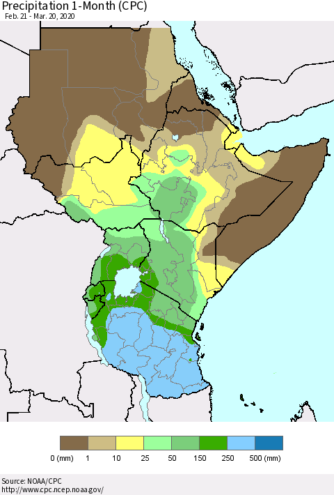 Eastern Africa Precipitation 1-Month (CPC) Thematic Map For 2/21/2020 - 3/20/2020