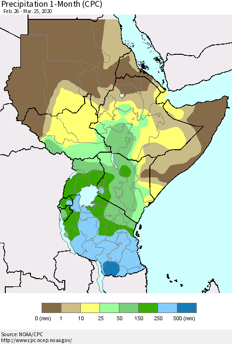 Eastern Africa Precipitation 1-Month (CPC) Thematic Map For 2/26/2020 - 3/25/2020