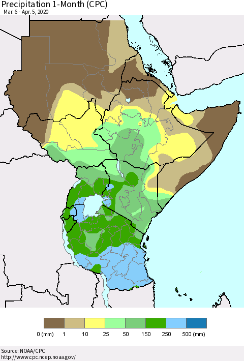 Eastern Africa Precipitation 1-Month (CPC) Thematic Map For 3/6/2020 - 4/5/2020