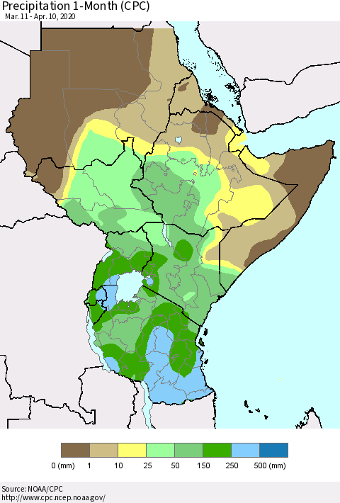 Eastern Africa Precipitation 1-Month (CPC) Thematic Map For 3/11/2020 - 4/10/2020