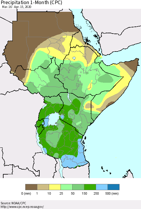 Eastern Africa Precipitation 1-Month (CPC) Thematic Map For 3/16/2020 - 4/15/2020