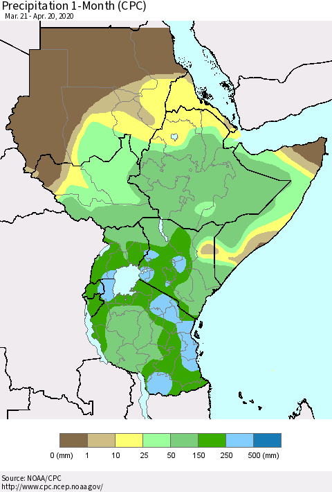 Eastern Africa Precipitation 1-Month (CPC) Thematic Map For 3/21/2020 - 4/20/2020