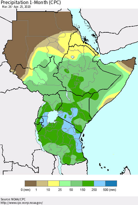 Eastern Africa Precipitation 1-Month (CPC) Thematic Map For 3/26/2020 - 4/25/2020