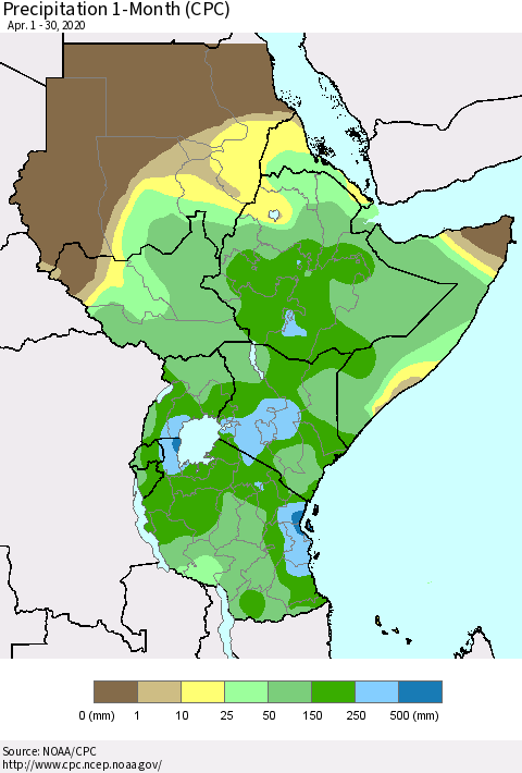 Eastern Africa Precipitation 1-Month (CPC) Thematic Map For 4/1/2020 - 4/30/2020