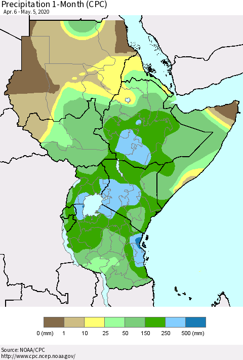Eastern Africa Precipitation 1-Month (CPC) Thematic Map For 4/6/2020 - 5/5/2020