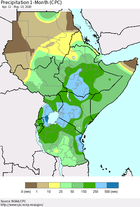 Eastern Africa Precipitation 1-Month (CPC) Thematic Map For 4/11/2020 - 5/10/2020