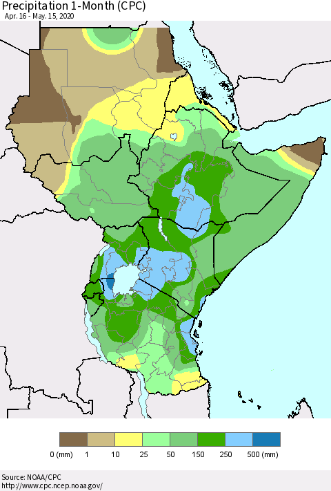 Eastern Africa Precipitation 1-Month (CPC) Thematic Map For 4/16/2020 - 5/15/2020