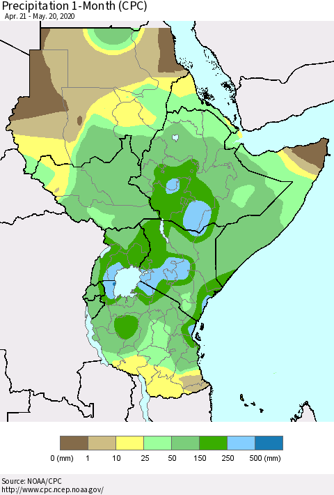 Eastern Africa Precipitation 1-Month (CPC) Thematic Map For 4/21/2020 - 5/20/2020