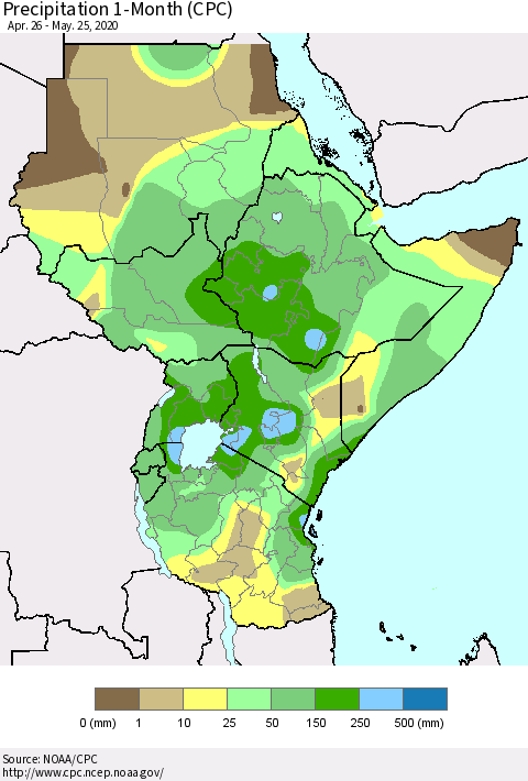 Eastern Africa Precipitation 1-Month (CPC) Thematic Map For 4/26/2020 - 5/25/2020