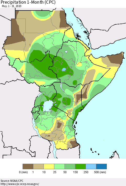 Eastern Africa Precipitation 1-Month (CPC) Thematic Map For 5/1/2020 - 5/31/2020