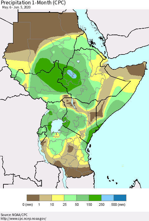 Eastern Africa Precipitation 1-Month (CPC) Thematic Map For 5/6/2020 - 6/5/2020
