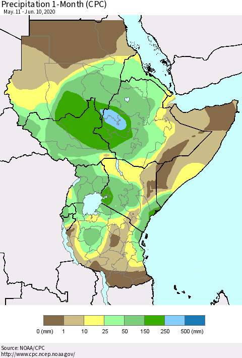 Eastern Africa Precipitation 1-Month (CPC) Thematic Map For 5/11/2020 - 6/10/2020