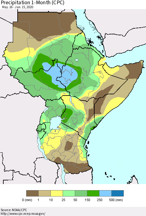 Eastern Africa Precipitation 1-Month (CPC) Thematic Map For 5/16/2020 - 6/15/2020