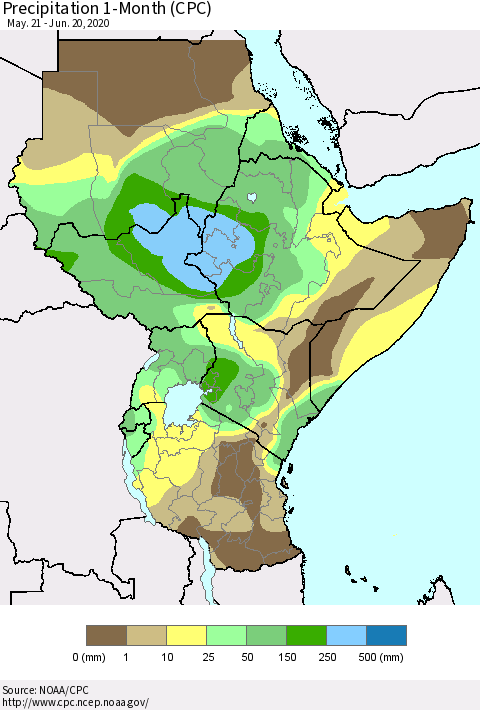 Eastern Africa Precipitation 1-Month (CPC) Thematic Map For 5/21/2020 - 6/20/2020