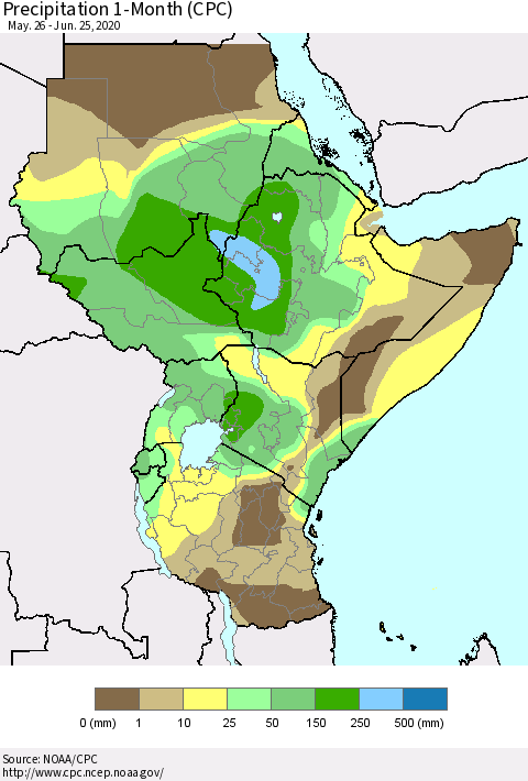 Eastern Africa Precipitation 1-Month (CPC) Thematic Map For 5/26/2020 - 6/25/2020