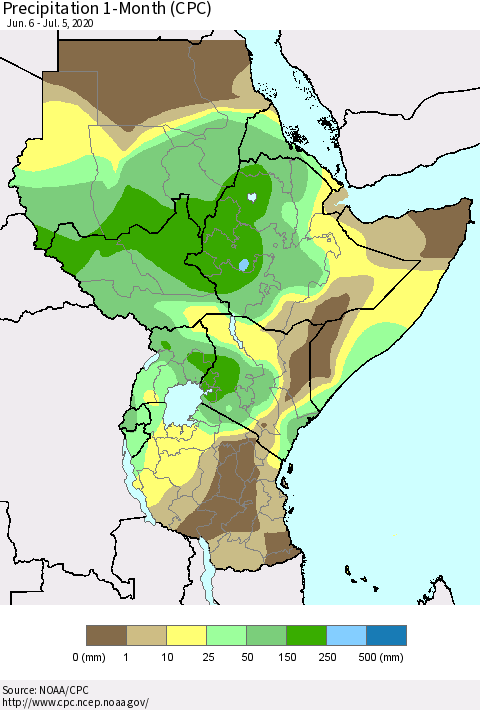Eastern Africa Precipitation 1-Month (CPC) Thematic Map For 6/6/2020 - 7/5/2020