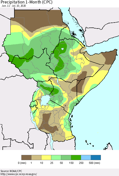 Eastern Africa Precipitation 1-Month (CPC) Thematic Map For 6/11/2020 - 7/10/2020