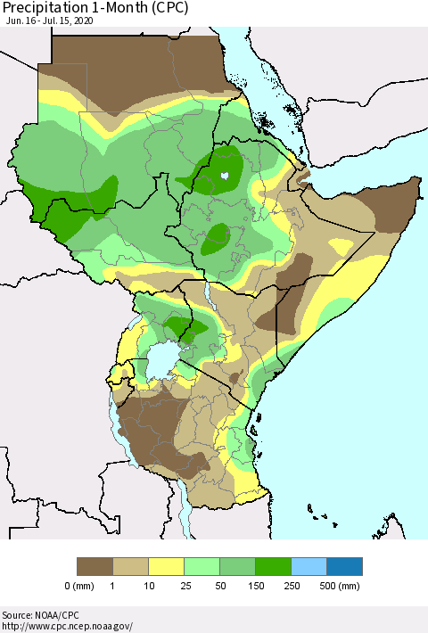 Eastern Africa Precipitation 1-Month (CPC) Thematic Map For 6/16/2020 - 7/15/2020