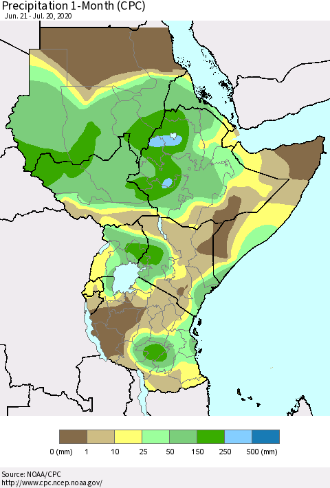 Eastern Africa Precipitation 1-Month (CPC) Thematic Map For 6/21/2020 - 7/20/2020