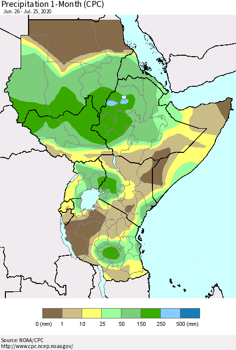 Eastern Africa Precipitation 1-Month (CPC) Thematic Map For 6/26/2020 - 7/25/2020