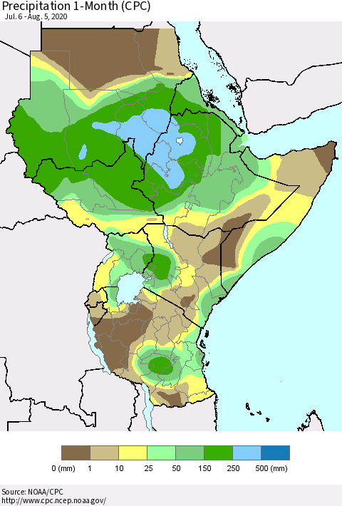 Eastern Africa Precipitation 1-Month (CPC) Thematic Map For 7/6/2020 - 8/5/2020