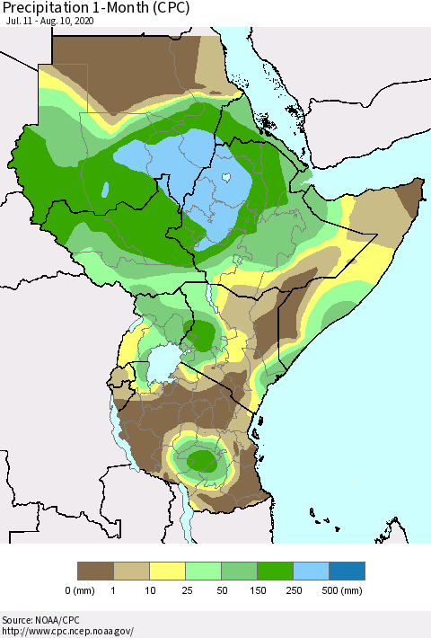 Eastern Africa Precipitation 1-Month (CPC) Thematic Map For 7/11/2020 - 8/10/2020